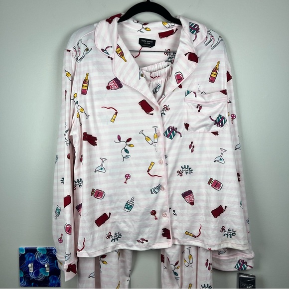 NWT Kate Spade Pink White Stripe Christmas Winter Pajama Set Women's Size Large - Picture 10 of 16